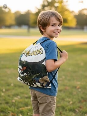 13 x 15 Hand Painted "On the Loose" Dinosaur Boys Kid's Drawstring Backpack